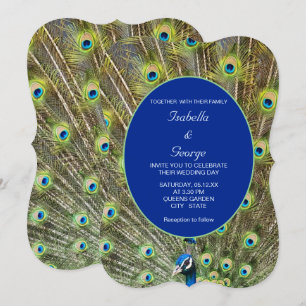 Peacock Feathers & Calligraphy on Blue Wedding Kaart