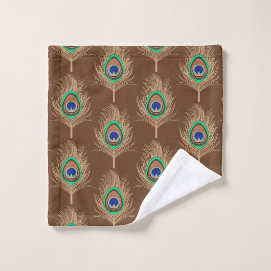 Peacock Feathers, Camel Tan on Chocolate Brown Bad Handdoek (Wasdoekje)