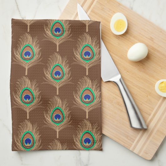 Peacock Feathers, Camel Tan on Chocolate Brown Theedoek (Quarter Fold)