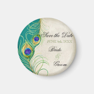 Peacock Feathers Damask Save the Date Magneet