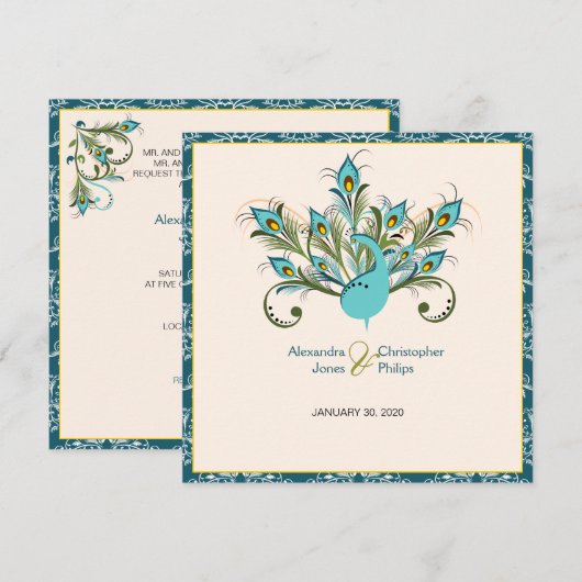 Peacock Feathers Damask Wedding Kaart (Voorkant / Achterkant)