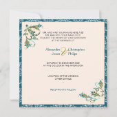 Peacock Feathers Damask Wedding Kaart (Achterkant)