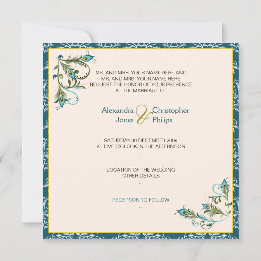 Peacock Feathers Damask Wedding Kaart (Achterkant)