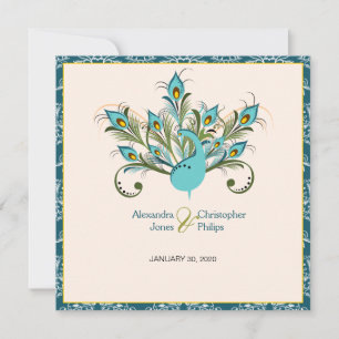 Peacock Feathers Damask Wedding Kaart