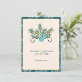 Peacock Feathers Damask Wedding Kaart (Staand voorkant)
