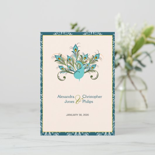 Peacock Feathers Damask Wedding Kaart (Staand voorkant)