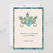 Peacock Feathers Damask Wedding Kaart (Voorkant)