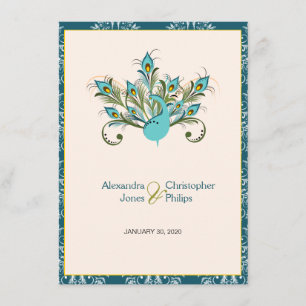 Peacock Feathers Damask Wedding Kaart