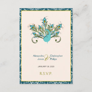Peacock Feathers Damask Wedding RSVP Kaartje