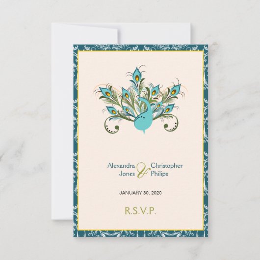 Peacock Feathers Damask Wedding RSVP Kaartje (Voorkant)