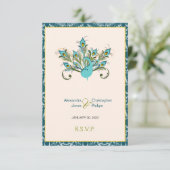 Peacock Feathers Damask Wedding RSVP Kaartje (Staand voorkant)