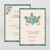 Peacock Feathers Damask Wedding RSVP Kaartje (Voorkant / Achterkant)