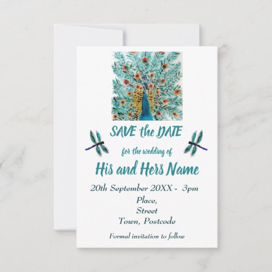 Peacock Feathers Dragonfly Turquoise Save the Date (Voorkant)