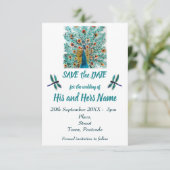Peacock Feathers Dragonfly Turquoise Save the Date (Staand voorkant)