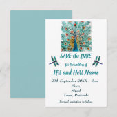 Peacock Feathers Dragonfly Turquoise Save the Date (Voorkant / Achterkant)