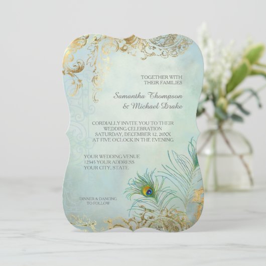 Peacock Feathers Elegant Aqua Blue Wedding Kaart (Staand voorkant)