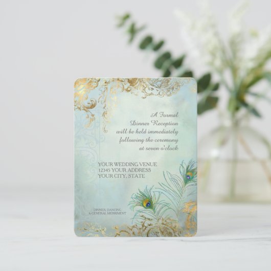 Peacock Feathers Elegant Wedding Dinner Reception Kaart (Staand voorkant)