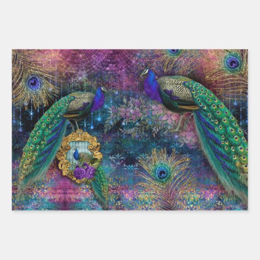 Peacock Feathers Elegante Glitter Roze Decoupage Inpakpapier Vel (Voorkant 3)