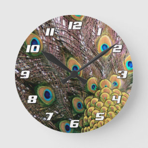 Peacock Feathers Emerald Green en Gold nummers Ronde Klok