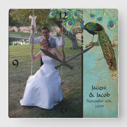  Peacock Feathers Etchings - Weddenfoto Vierkante Klok (Voorkant)