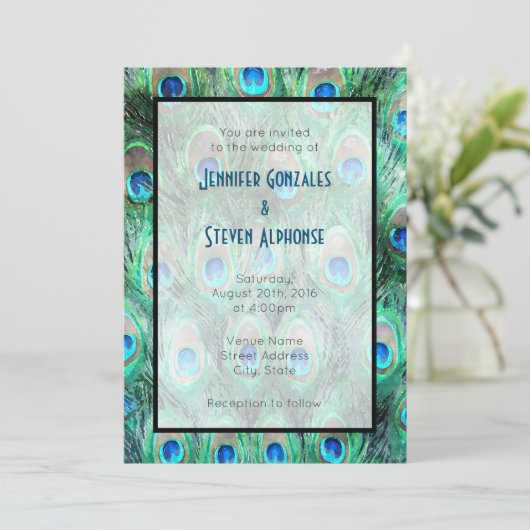 Peacock Feathers Exotic Waterverf Wedding Uitnodig Kaart (Staand voorkant)