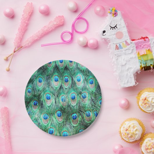 Peacock Feathers Exotic Wild Waterverf Pattern Papieren Bordje (Feest)