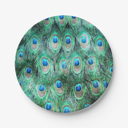 Peacock Feathers Exotic Wild Waterverf Pattern Papieren Bordje (Voorkant)