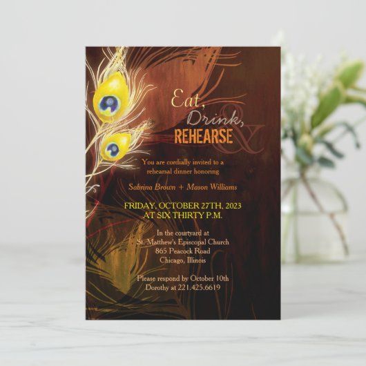 Peacock Feathers Fall Wedding Rehearsal Dinner Kaart (Staand voorkant)