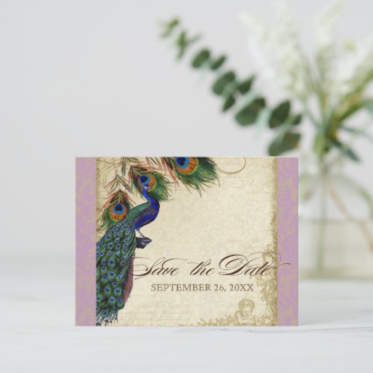 Peacock & Feathers Formal Save the Date Lavender Aankondigingskaart (Staand voorkant)