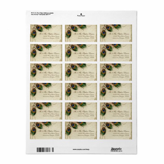 Peacock & Feathers Formal Wedding Matching Address Etiket (Full Sheet)