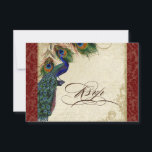Peacock & Feathers Formele RSVP Reactie Bourgondië<br><div class="desc">PAPIERSELECTIE: Dit wordt getoond op "basispapier", een andere geweldige keuze zou zijn "metaalijs" dat een schoon wit, gepareliseerd glanzend oppervlak is. Het zou ook mooi zijn op "Champagne Metallic" linnen, vilt of een van de andere keuzes. KLEURENPALET: diep bordeauxrood, bruin, crème koningsblauw, groen en roest. DESIGN: Deze antiek RSVP Response-kaart...</div>