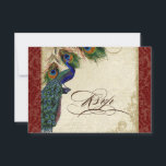 Peacock & Feathers Formele RSVP Reactie Bourgondië<br><div class="desc">PAPIERSELECTIE: Dit wordt getoond op "basispapier", een andere geweldige keuze zou zijn "metaalijs" dat een schoon wit, gepareliseerd glanzend oppervlak is. Het zou ook mooi zijn op "Champagne Metallic" linnen, vilt of een van de andere keuzes. KLEURENPALET: diep bordeauxrood, bruin, crème koningsblauw, groen en roest. DESIGN: Deze antiek RSVP Response-kaart...</div>