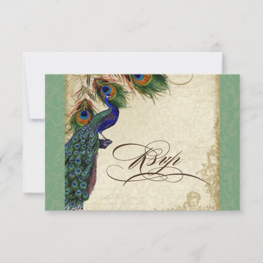 Peacock & Feathers Formele RSVP Reactie Groen Tan Kaartje (Voorkant)