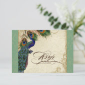 Peacock & Feathers Formele RSVP Reactie Groen Tan Kaartje (Staand voorkant)