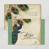 Peacock & Feathers Formele RSVP Reactie Groen Tan Kaartje (Voorkant / Achterkant)