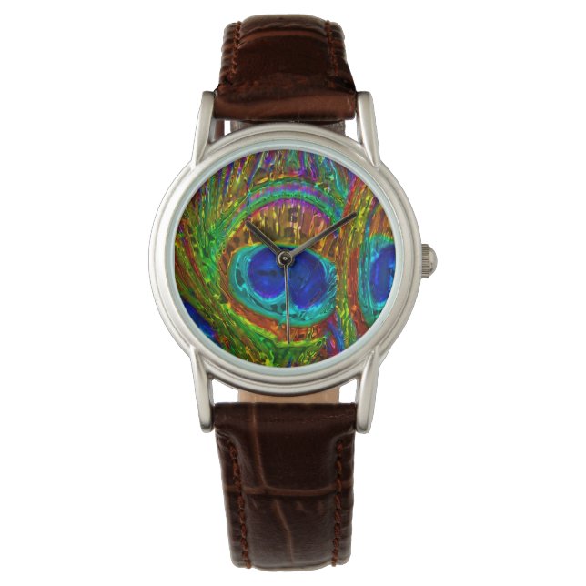 Peacock Feathers Glas Art Watch & Numerieke opties Horloge (Voorkant)