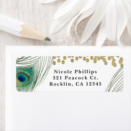 Peacock Feathers & Gold Boho Glam Invitation Etiket (Insitu)