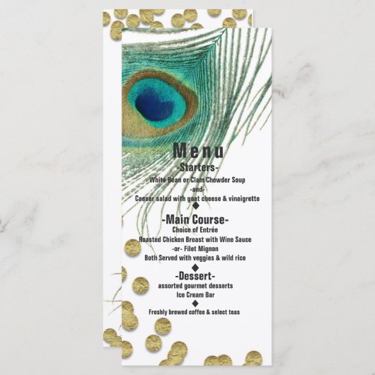 Peacock Feathers & Gold Boho Glam Party Menu Kaart (Voorkant / Achterkant)