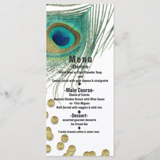 Peacock Feathers & Gold Boho Glam Party Menu Kaart (Voorkant)