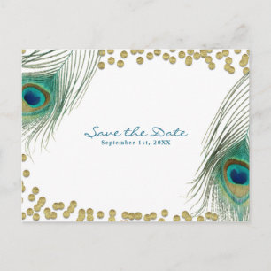 Peacock Feathers & Gold Boho Glam Save the Date Aankondigingskaart