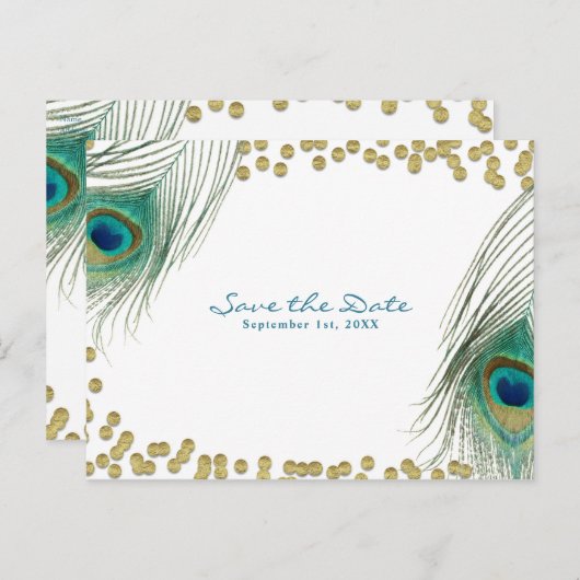 Peacock Feathers & Gold Boho Glam Save the Date Aankondigingskaart (Voorkant / Achterkant)