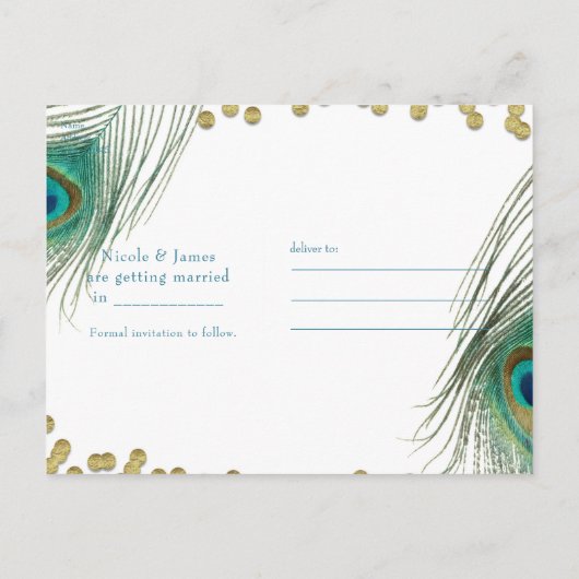 Peacock Feathers & Gold Boho Glam Save the Date Aankondigingskaart (Achterkant)