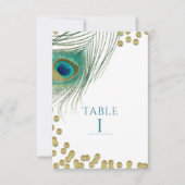 Peacock Feathers & Gold Boho Glam Table Number Kaart (Voorkant)