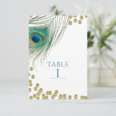 Peacock Feathers & Gold Boho Glam Table Number Kaart (Staand voorkant)