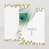 Peacock Feathers & Gold Boho Glam Table Number Kaart (Voorkant / Achterkant)