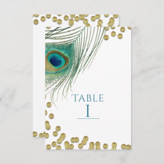Peacock Feathers & Gold Boho Glam Table Number Kaart (Voorkant / Achterkant)