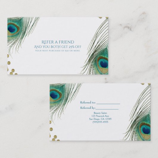 Peacock Feathers & Gold Boho Glam Verwijs een Vrie Aanbevelingskaartje (Voorkant / Achterkant)