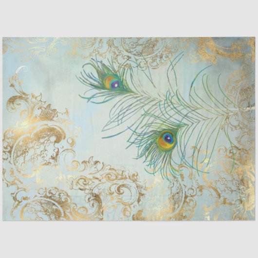 Peacock Feathers Gold en Dusty Blue Decoupage Tissuepapier (Voorkant)
