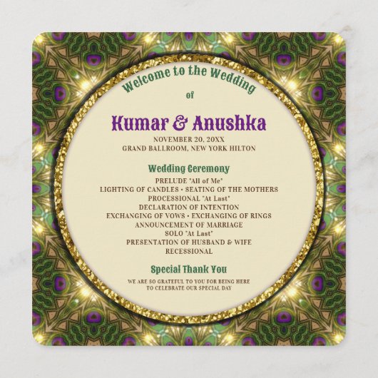 Peacock Feathers Gold Glow Indian Wedding Invite Programmakaart (Achterkant)