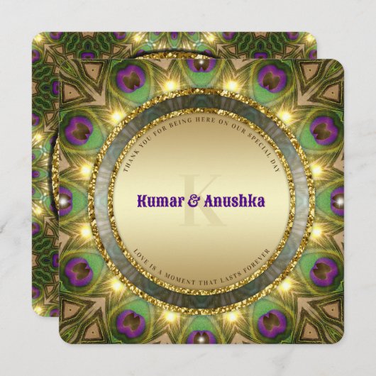 Peacock Feathers Gold Glow Indian Wedding Invite Programmakaart (Voorkant / Achterkant)